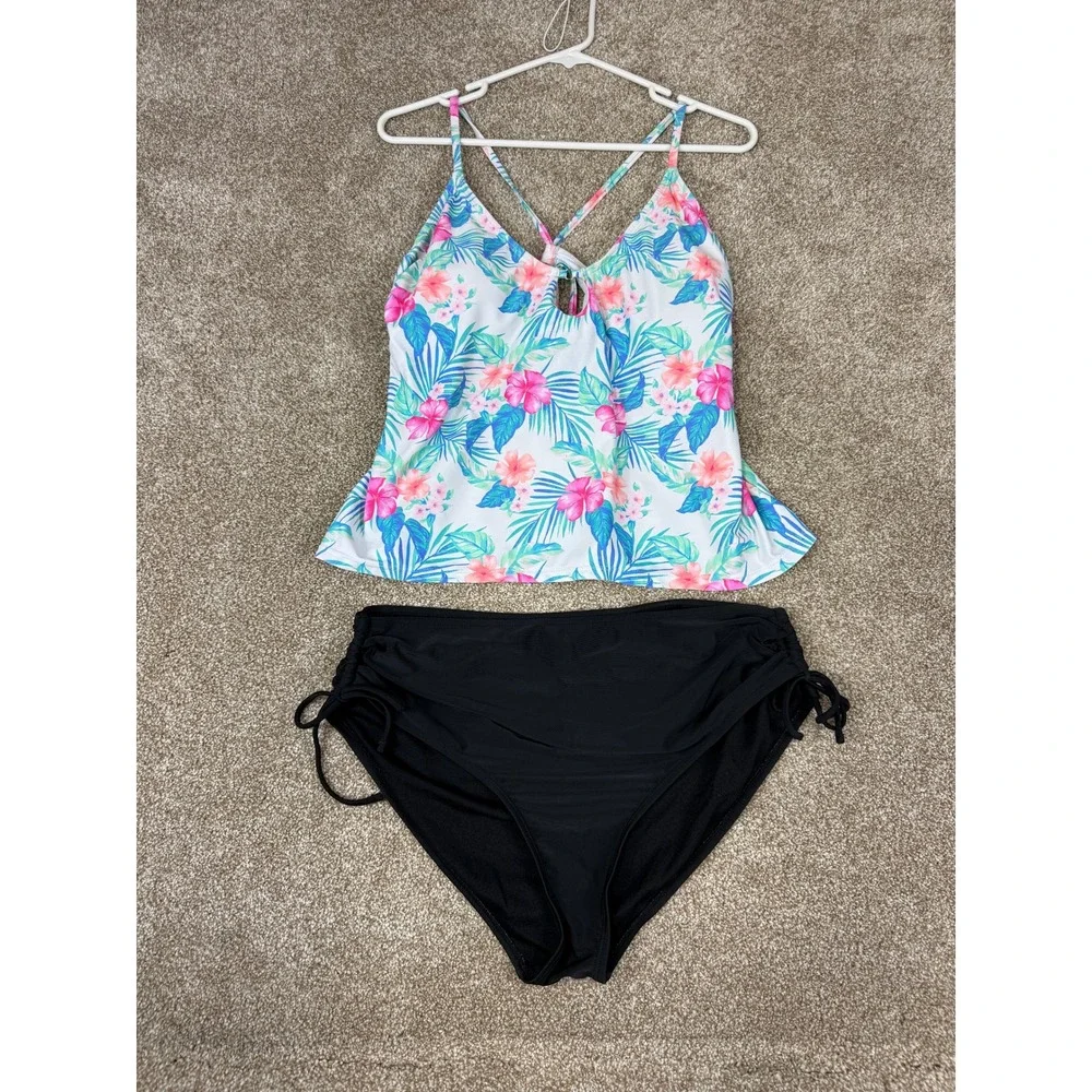 Decree Womens XL‎ Tropical Floral Tankini Set High Waist Ruched Bottoms 2pc Swim